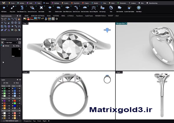 آموزش matrixgold طراحی  انگشتر طلا ظریف لوکس سه سنگ