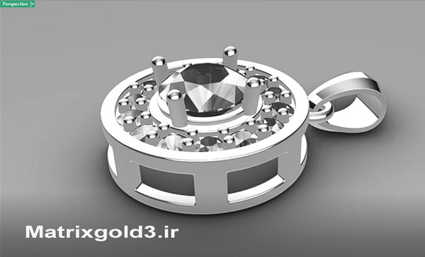 آموزش matrix gold طراحی آویز دایره‌ای با نگین مرکزی چنگی و هاله‌ای از سنگ ریز
